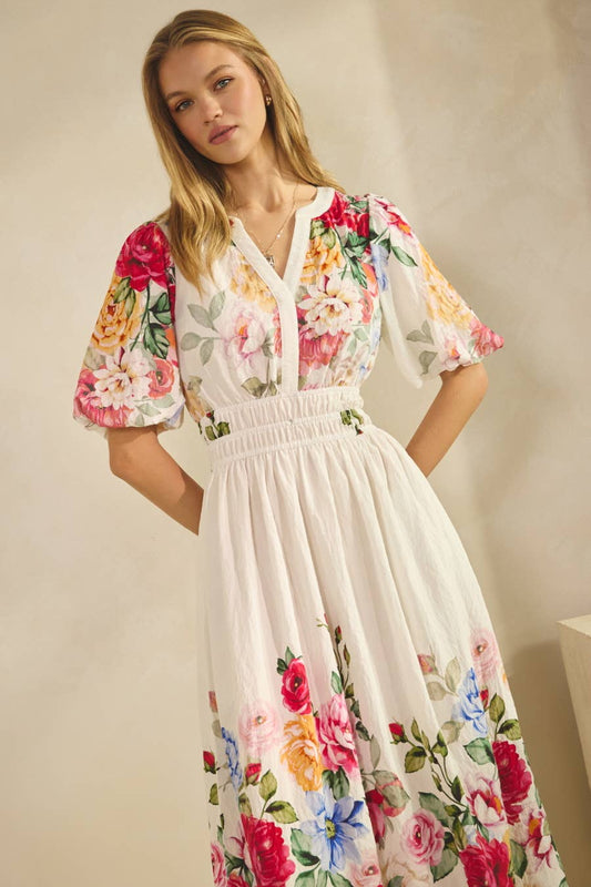 Floral Midi Dress - Short Sleeves, Fitted Waist, Flared Skirt- Modest Apparel