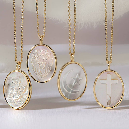 Saint Christopher Pendant Necklace - Etched Shell Oval, 18K Gold Plated