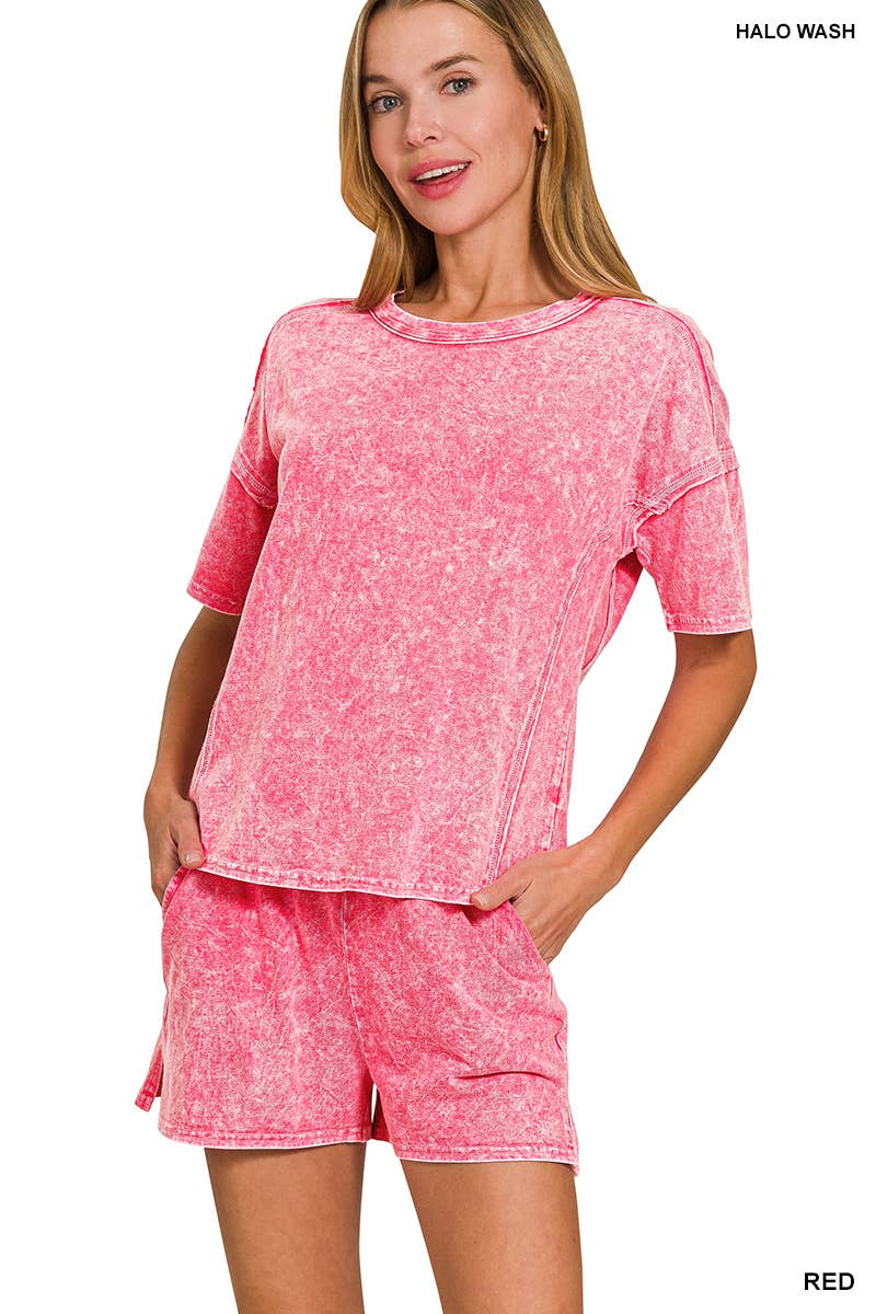 Short Sleeve Tee And Shorts Set Modest Snow Washed Women's Boutique Style