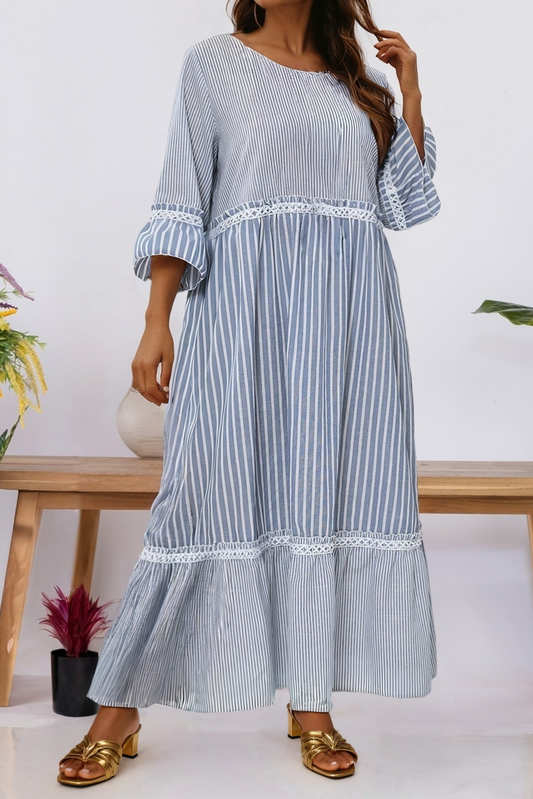 Shift Dress With Stripe Crisscross Lace Patch S-3X
