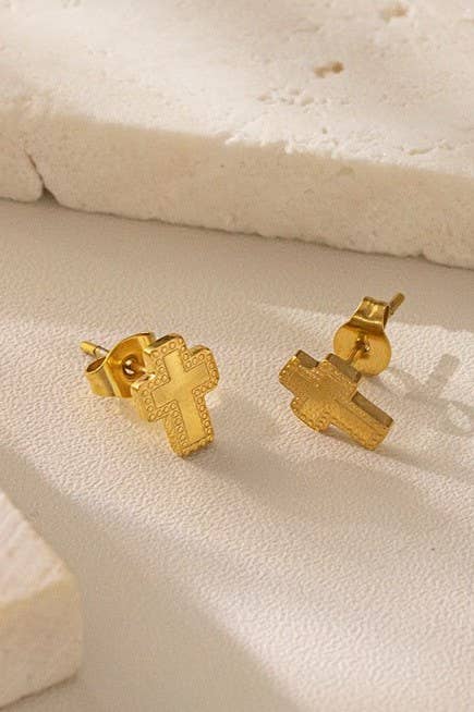 Cross Heart Stud Earrings 18K Gold Finish Tarnish Free Waterproof Faith Based