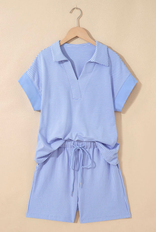 Two Piece Set Le Sage May Modest Boxy Top Elastic Shorts Blue Harbor Stripe
