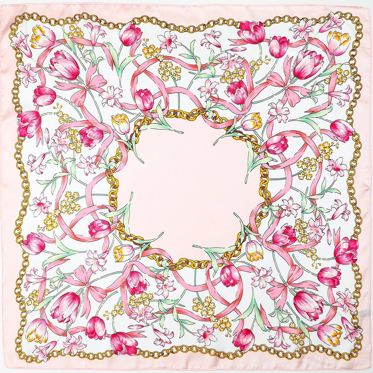 Scarf Floral Print Silk Finish With Blush Pink And Gold Chain Border