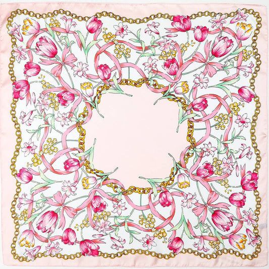 Scarf Floral Print Silk Finish With Blush Pink And Gold Chain Border