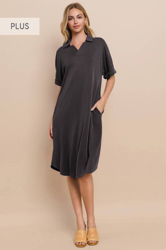 Plus Size Modest Modal Pique Knit Midi Dress With V Neck Collar