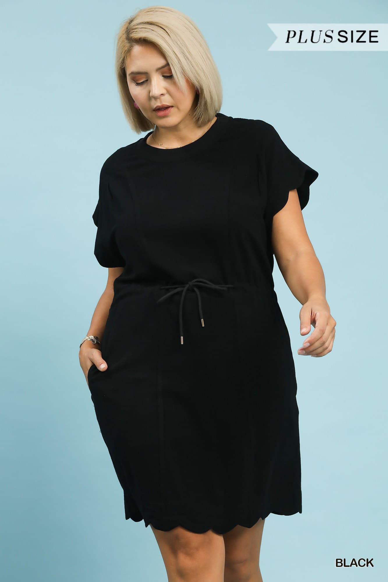 Plus Size Linen Blend Scallop Hem Mini Dress With Flutter Sleeves Modest Fashion