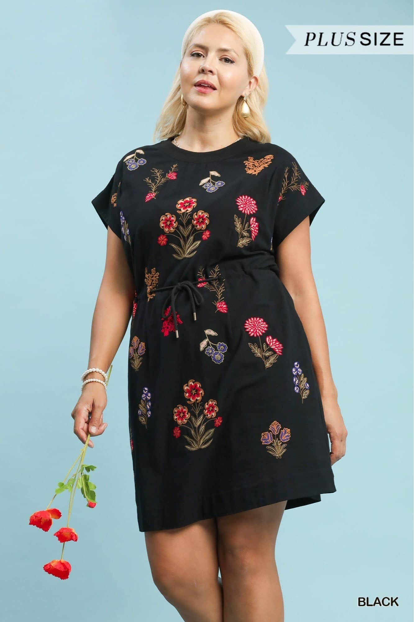 Plus Size Modest Dress Embroidered Multicolor Floral Mini With Waist Tie