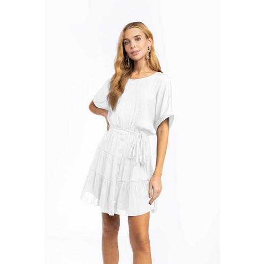 Short Sleeve Tiered Mini Dress - Front Button, Tie Waist, Little Dress