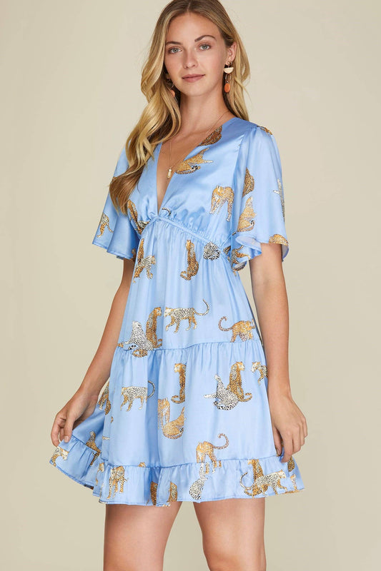 Satin Dress With Flutter Sleeve Tiered Jaguar Print Modest Fashion Faith Based