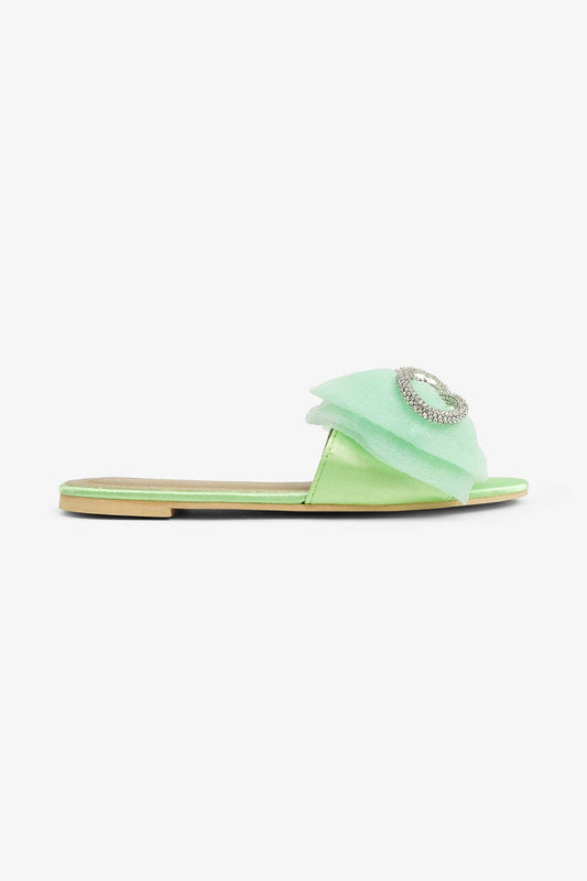 Spring Green/ Bow Accent Sandals with Rhinestones- Slip On/ Flat