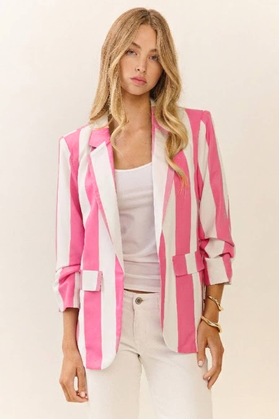 Blazer With Vertical Stripe Ruched Sleeves Patch Pockets For Modest Fashion