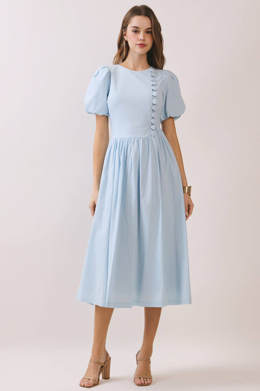 Puff Sleeve Midi Dress - Le Sage May Modest Round-Neck Faux Button Front
