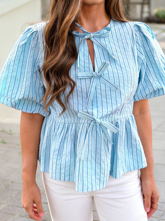 Sassy Bow Knot Blouse With Textured Puff Sleeve- Blue