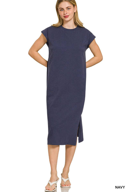 Round Neck Short Sleeve Midi Dress With Side Slit, Modest Women’s Boutique Style