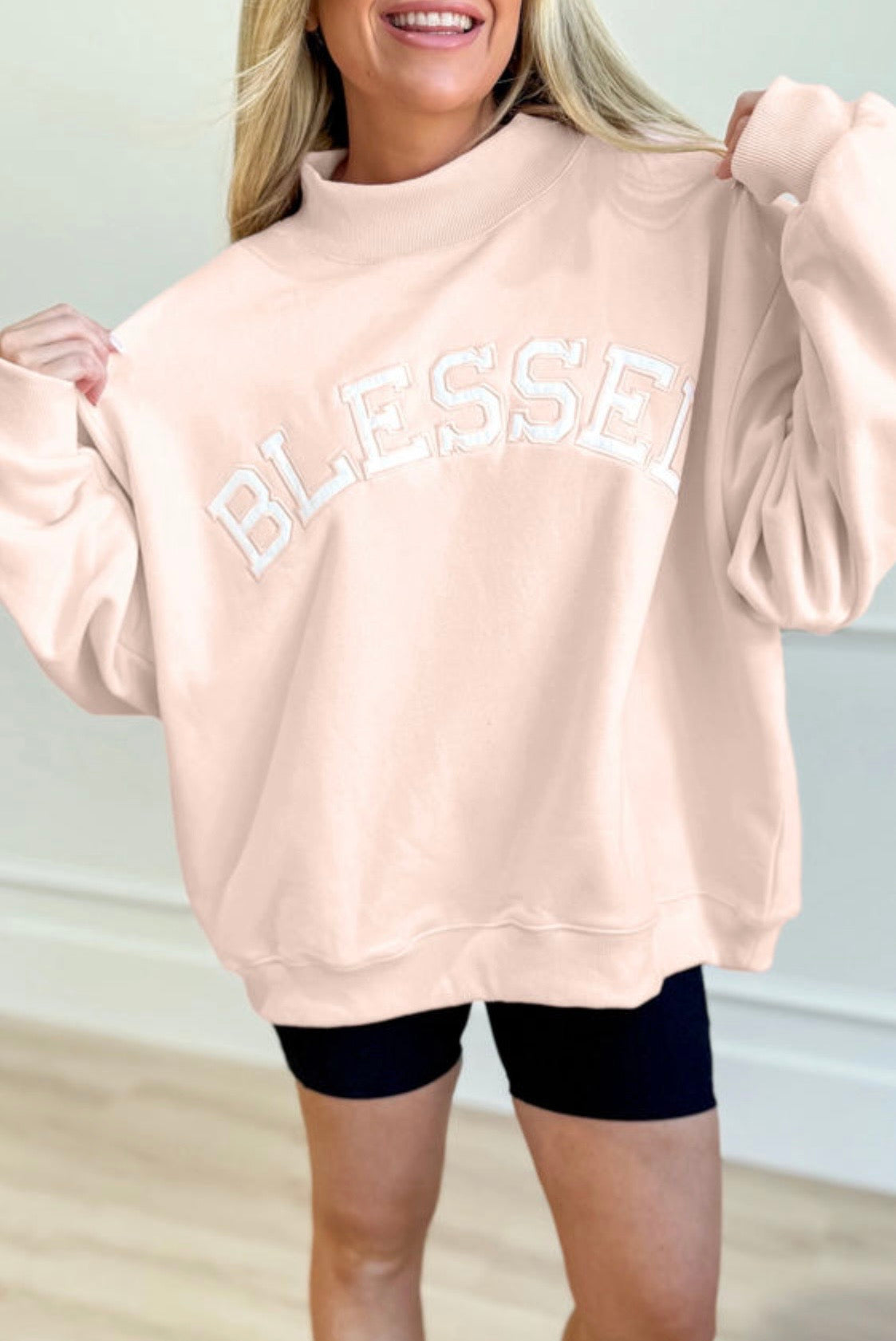Sweatshirt Le Sage May Blessed Embroidered Faith Based Crewneck Light Pink