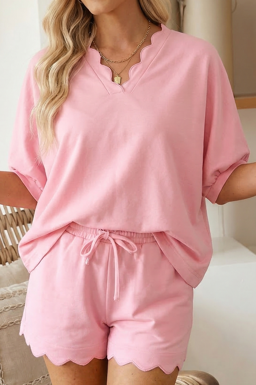 Scalloped V Neck Top And Short Set