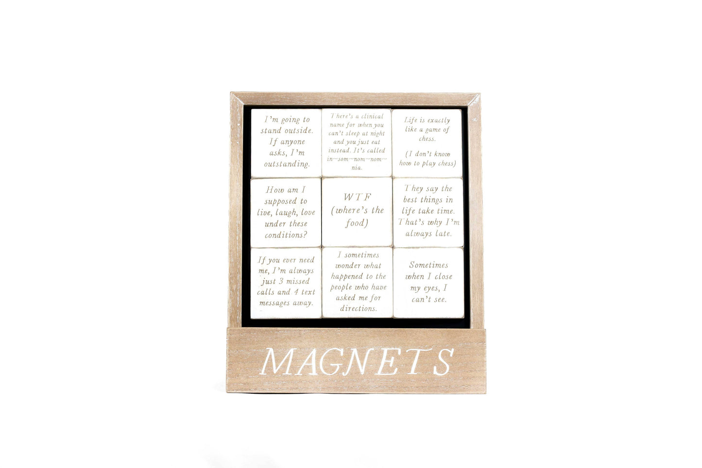 Magnet Set Wood Engraved With Funny Inspirational Quotes White And Brown