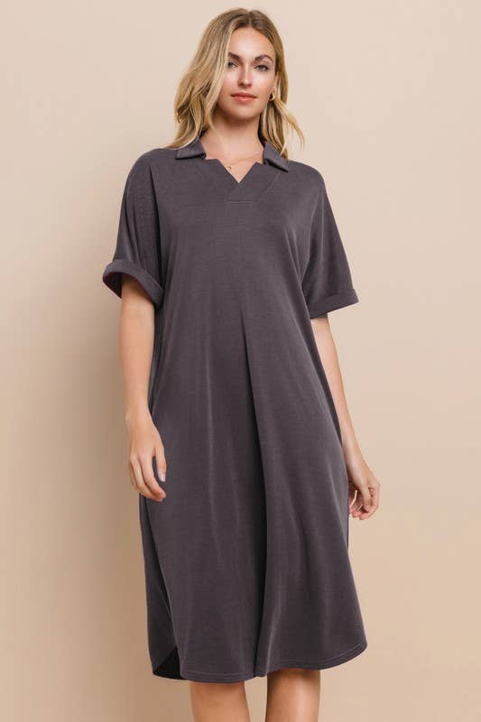 Plus Size Modest Modal Pique Knit Midi Dress With V Neck Collar