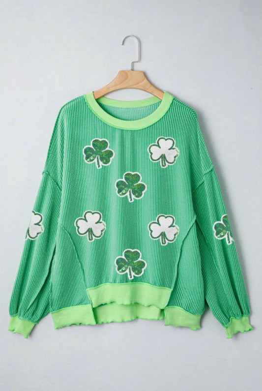 Ribbed Pullover With Sequin Clovers - 50% SALE