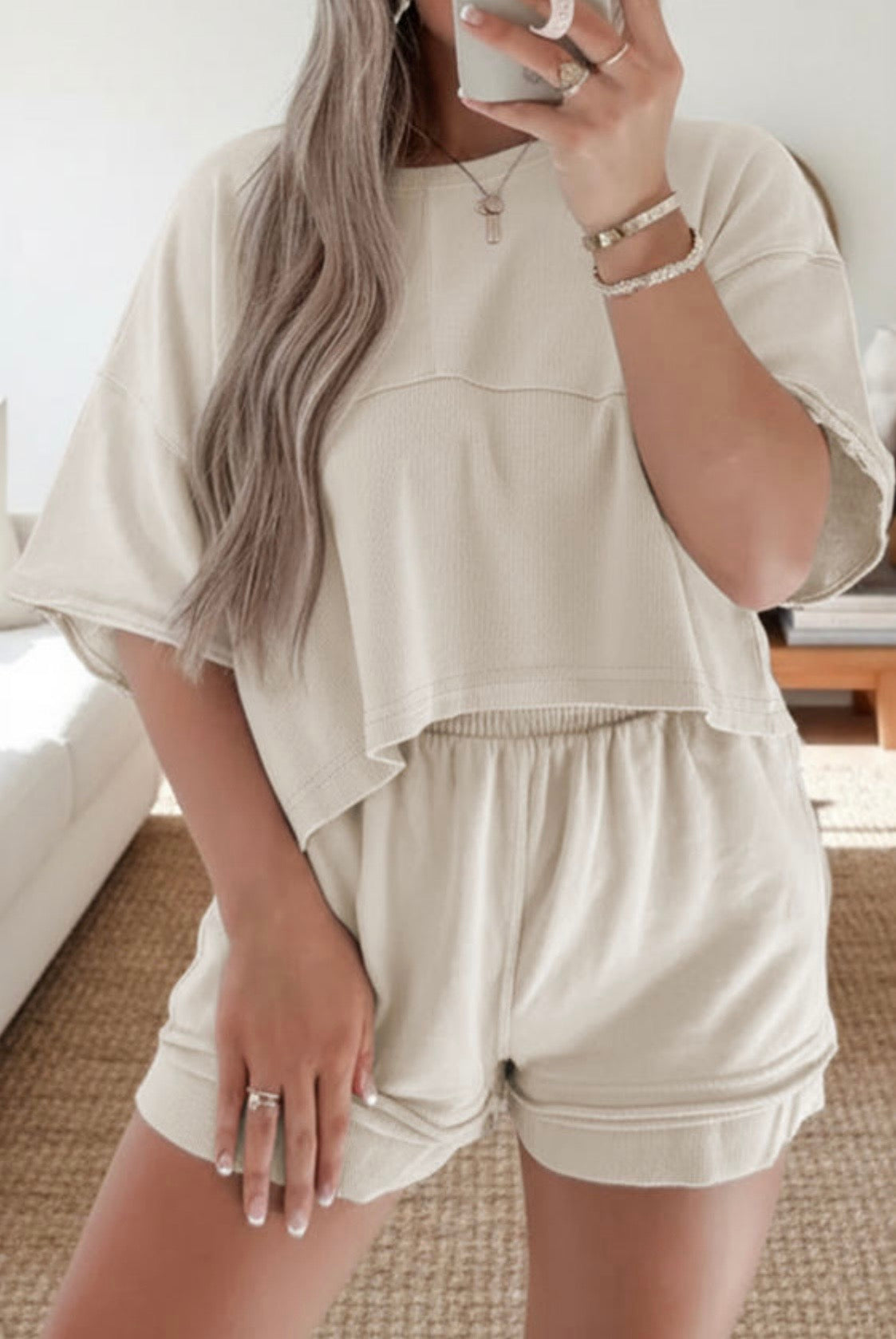 Two-Piece Short Set – Cream Raw-Edge, Relaxed Cotton-Blend, Southern Boutique