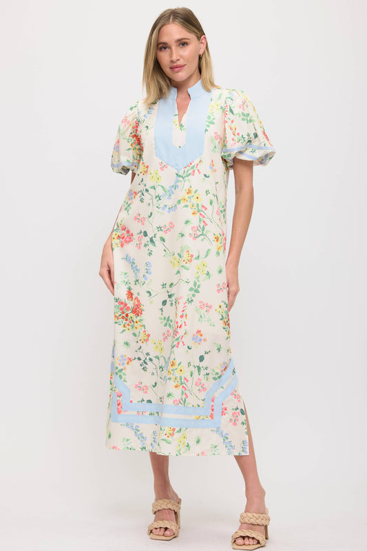 Trimmed Split Neck Line- Floral Maxi Dress - Puffed Sleeves - Restock Arrives April 4th