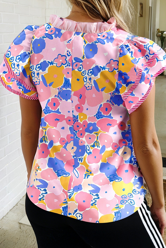 Pink Floral Flutter Sleeve Blouse