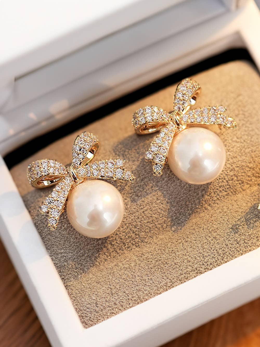 Le Sage May Earrings - Rhinestone Bowknot Pearl, Gold Tone, One Size Gift For Her