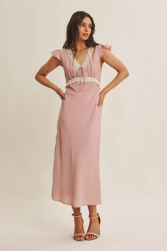 Midi Dress With Lace Trim Slim Fit Waist- Restock March 21st