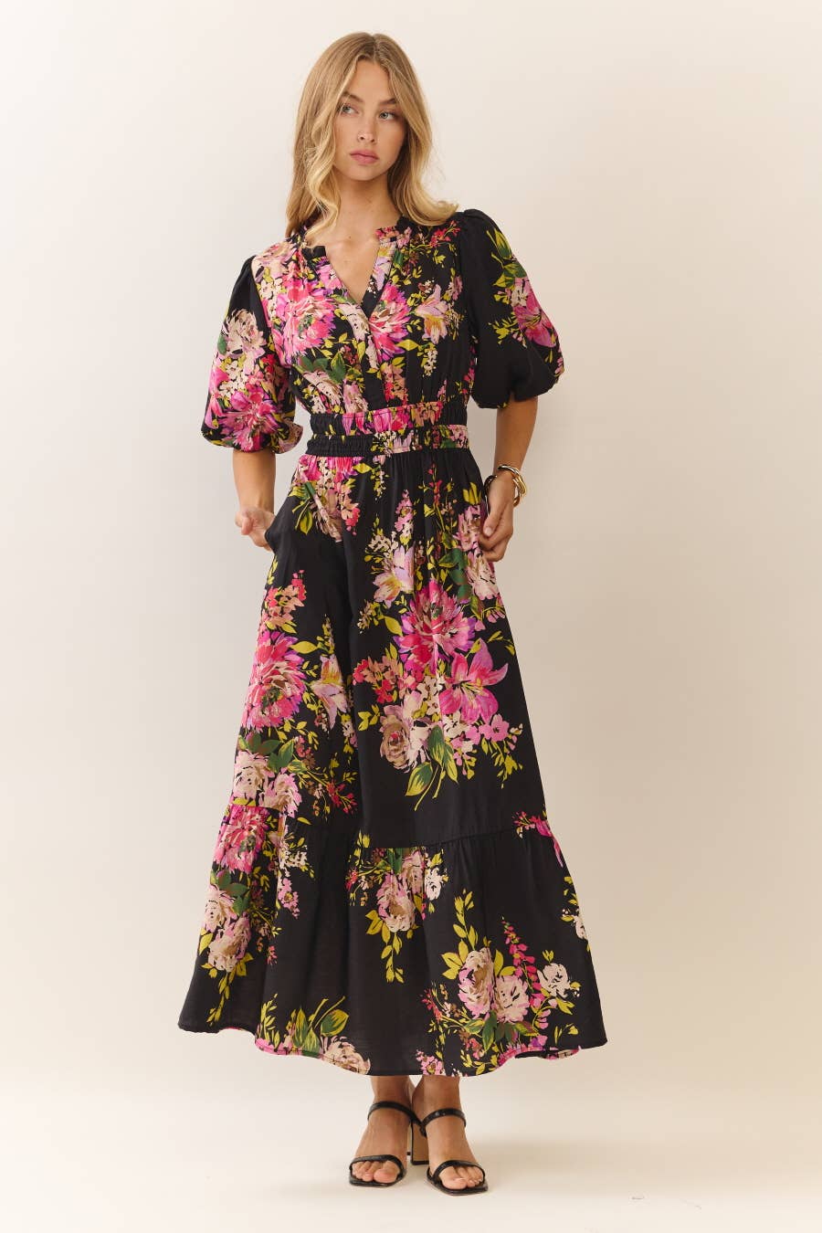 Midi Dress With Floral Print - Faith-Based Modest V-Neck Empire Waist Tiered Hem