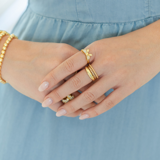 Ring Adjustable Pave Bow Gold Plated Delicate Cubic Zirconia