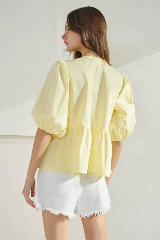 Poplin Front Tie Ribbon Peplum, Modest Puff Sleeve