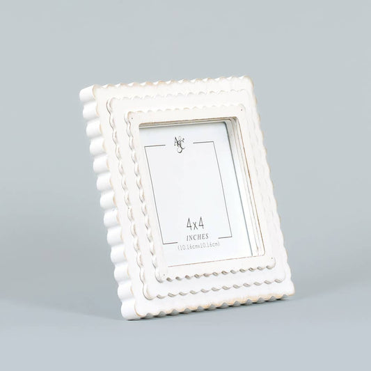 4x4 Inch Photo Frame Wood Scallop Edge White Holds 4x4 Photo With Easel Back