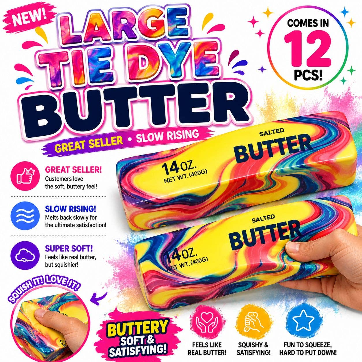 Tie-Dye Butter Squishy Jumbo Slow-Rising Stress Toy for Quick Checkout Laughs