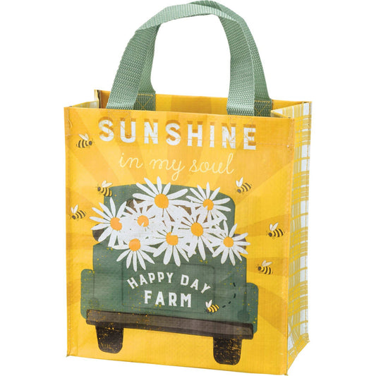 Tote Bag With Sunshine In My Soul Truck Print Yellow Plaid Gusset Gifts For Her