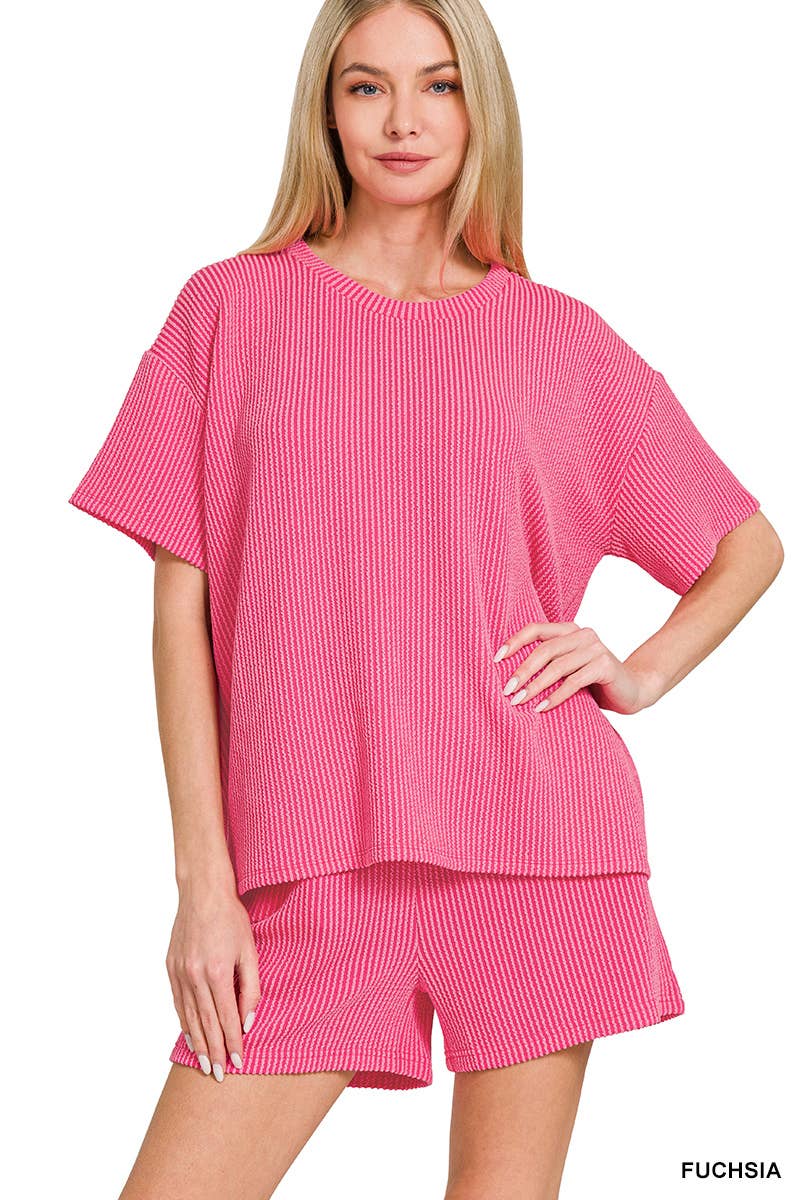 Corded Rib Tee And Drawstring Shorts Set For Women