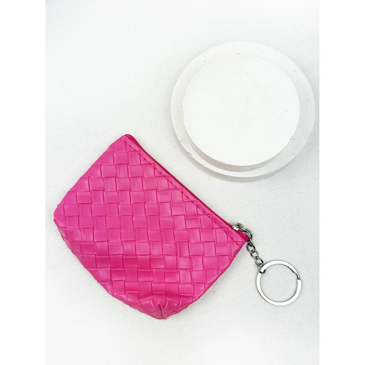 Coin Purse With Key Ring, Weave Pattern Detail, Assorted Colors