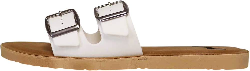 Women’s Two Buckle Slide Sandals White Contoured Footbed Sizes 5 To 10