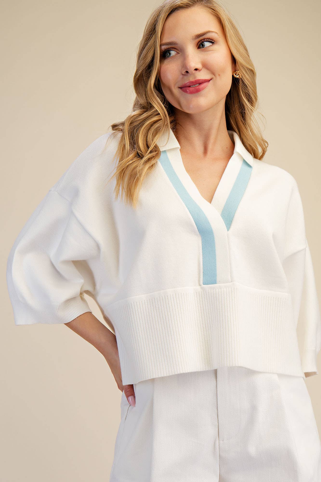 Springs Sweater With Collar And Blue Contrast Trim For Modest Look Loose Fit Dropped Shoulder