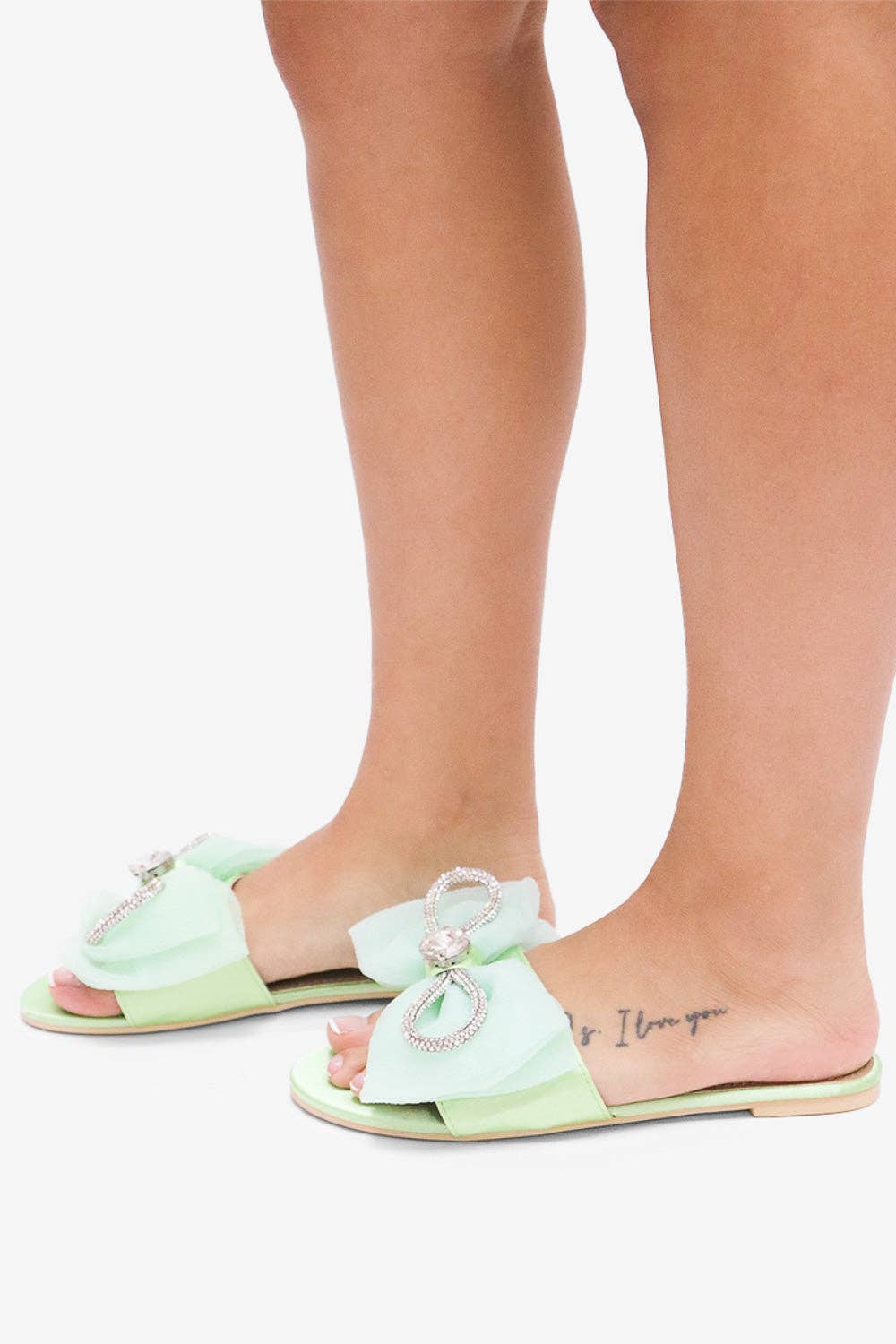 Spring Green/ Bow Accent Sandals with Rhinestones- Slip On/ Flat