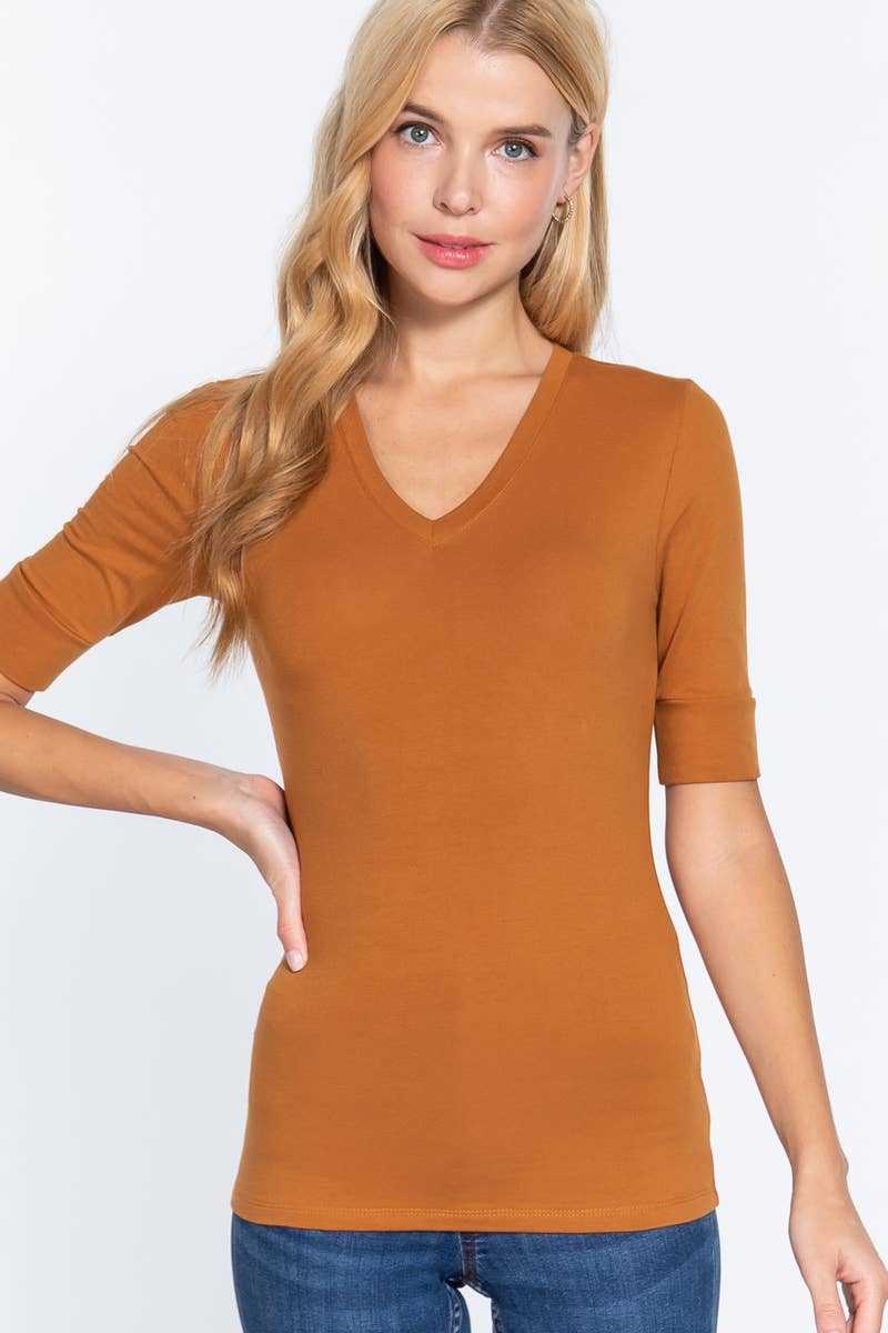 Tee Fitted Elbow Sleeve V-Neck For Women's Boutique Modest Fashion