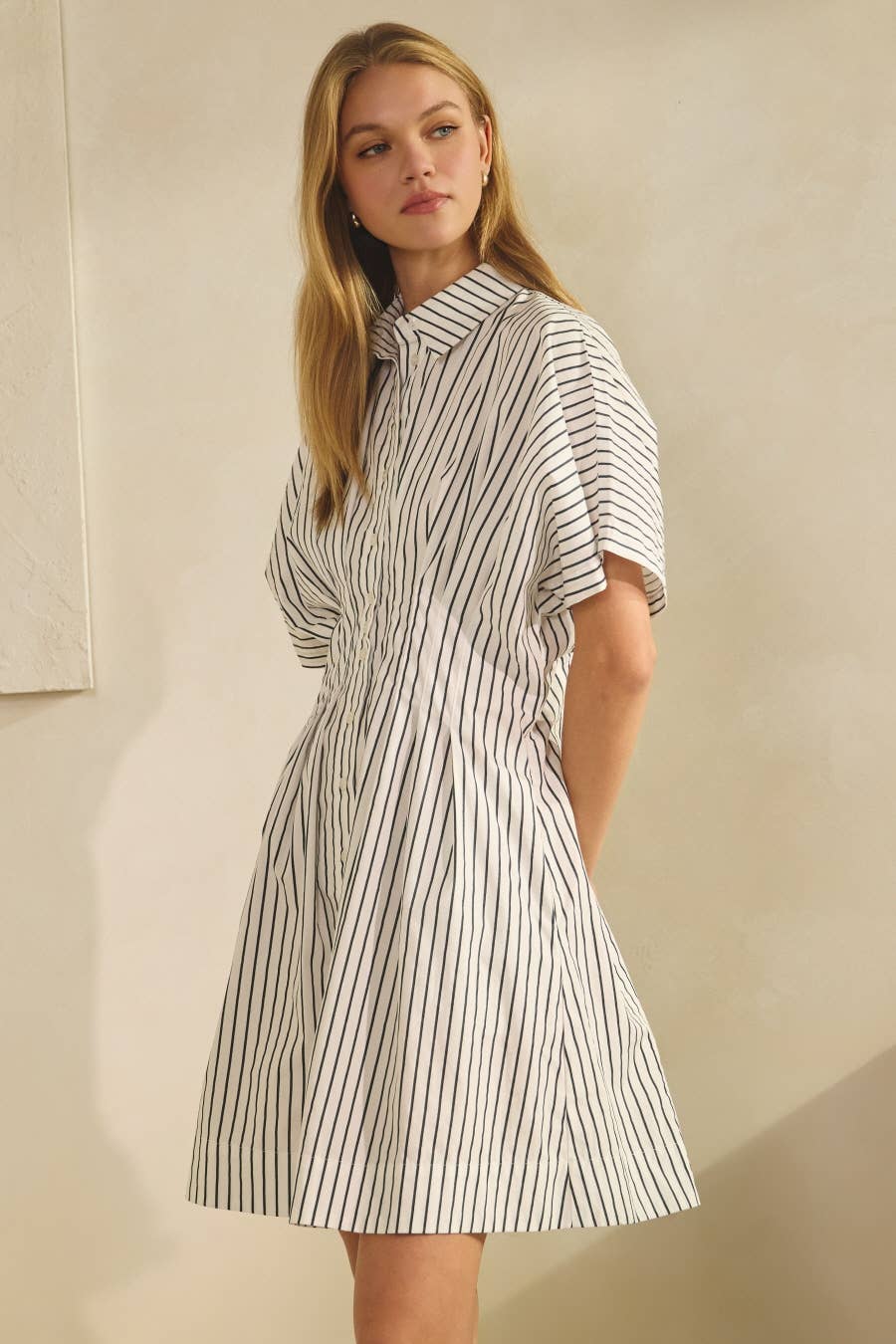 Striped Shirt Dress Cotton Cinched Waist Modest Dress Women's Boutique