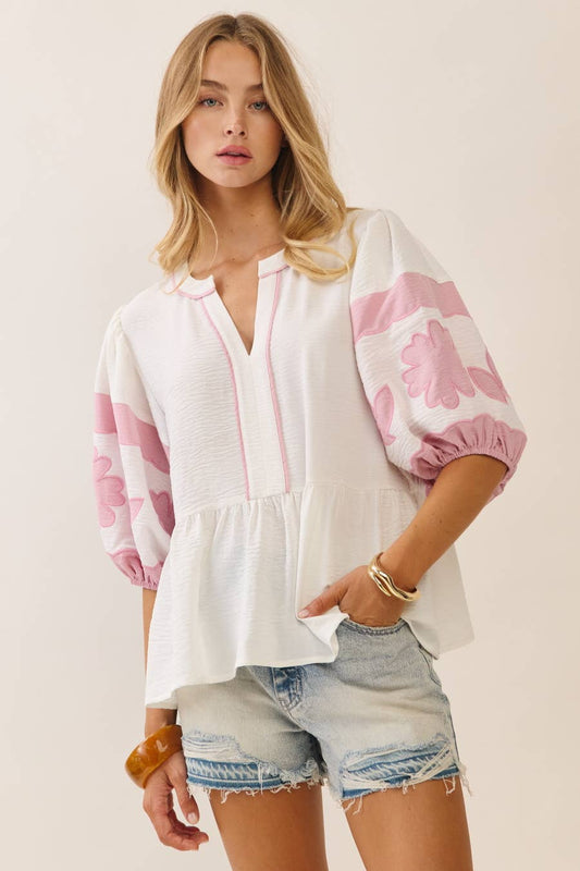 Peplum Blouse With Embroidered Puffed Sleeves- Pink & Ivory