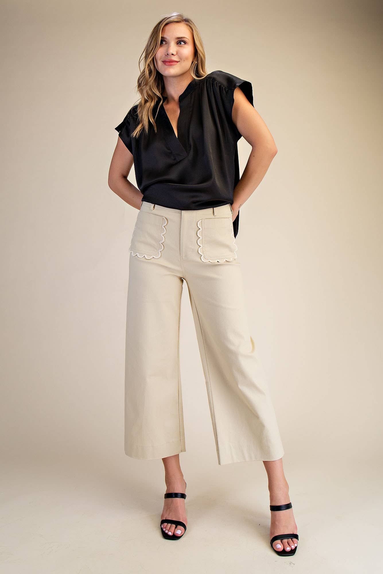Pants Wide-Leg Cropped With Scalloped Pocket Detail Cotton Blend