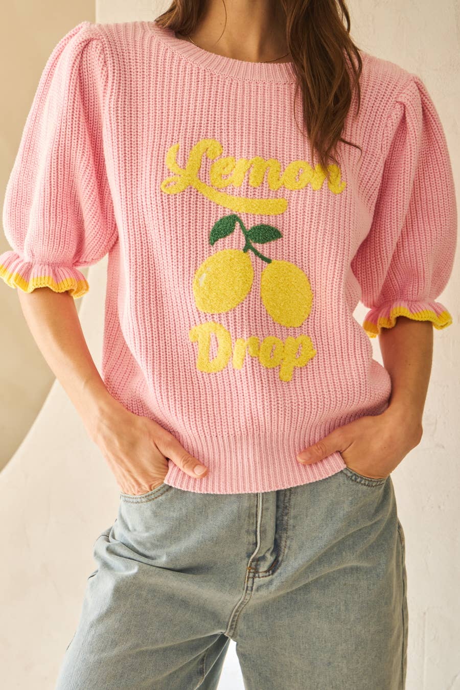 Sweet Lemon Drop Graphic Knit Short Puffy Sleeve Faith Based Modest Fashion