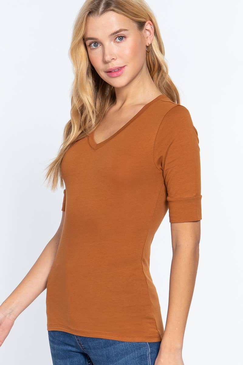 Tee Fitted Elbow Sleeve V-Neck For Women's Boutique Modest Fashion
