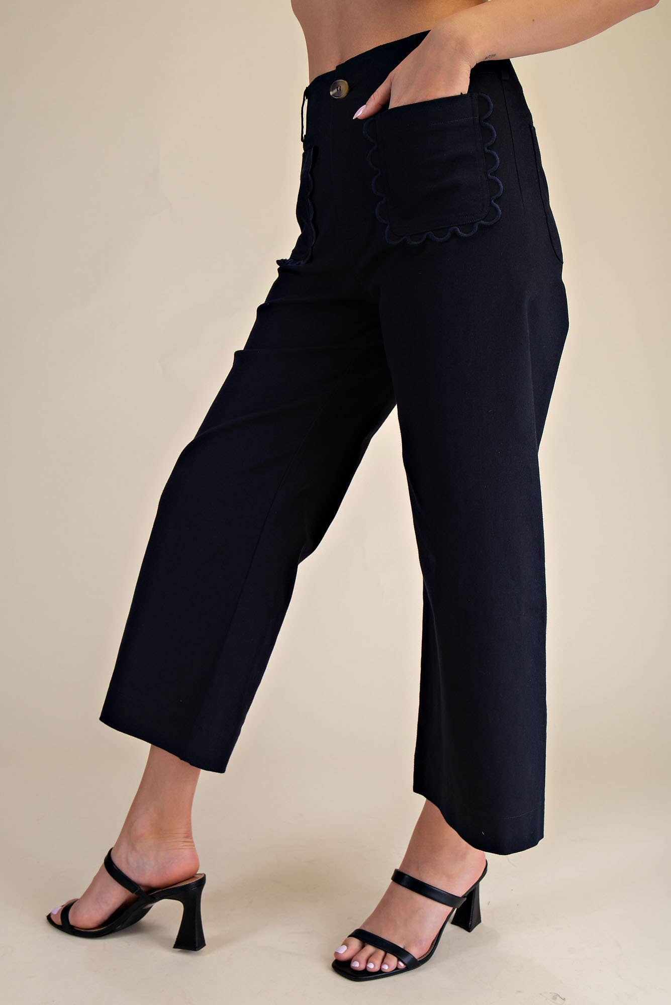 Pants Wide-Leg Cropped With Scalloped Pocket Detail Cotton Blend