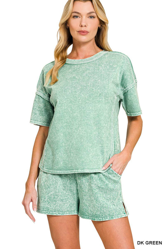 Short Sleeve Tee And Shorts Set Modest Snow Washed Women's Boutique Style