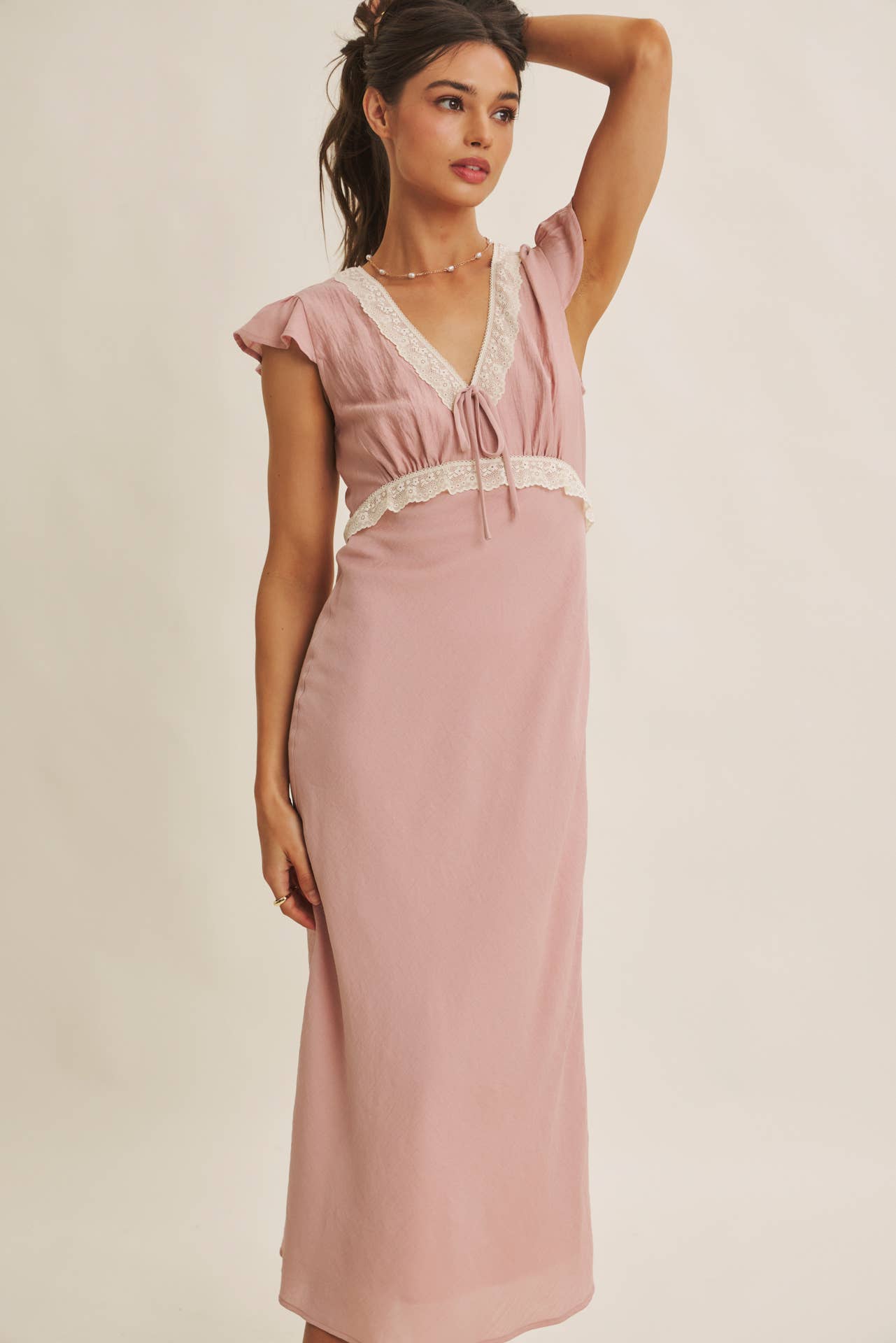 Midi Dress With Lace Trim Slim Fit Waist- Restock March 21st