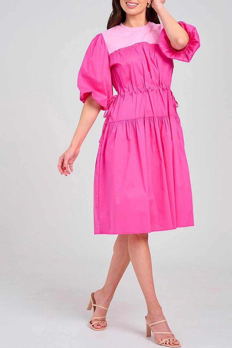 Midi Dress With Puff Sleeves Colorblock Adjustable Waist Modest Fashion