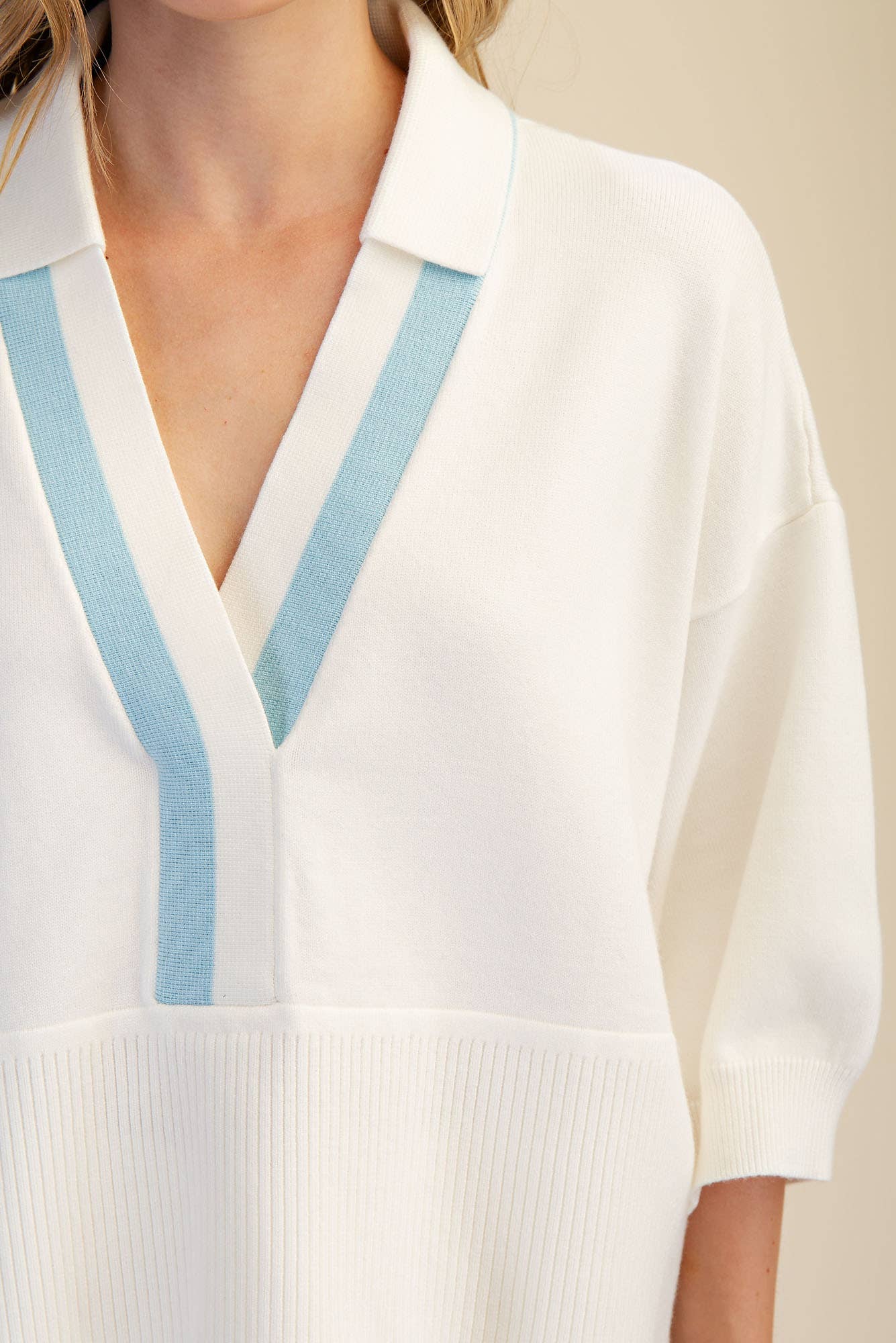 Springs Sweater With Collar And Blue Contrast Trim For Modest Look Loose Fit Dropped Shoulder